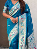 Denim Blue Chandrakor Paithani Silk Banarasi Zari Woven Saree