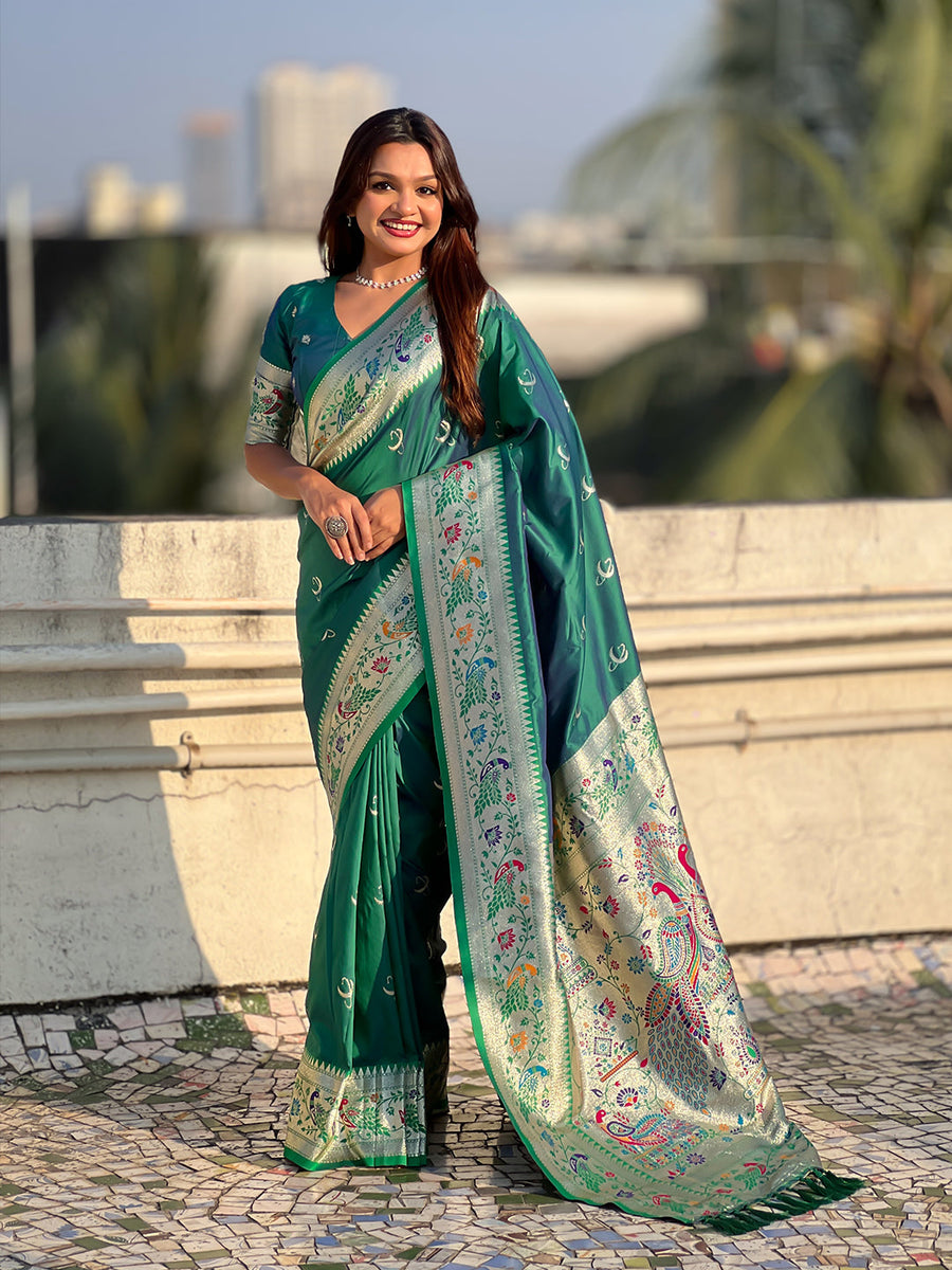 Green Chandrakor Paithani Silk Banarasi Zari Woven Saree