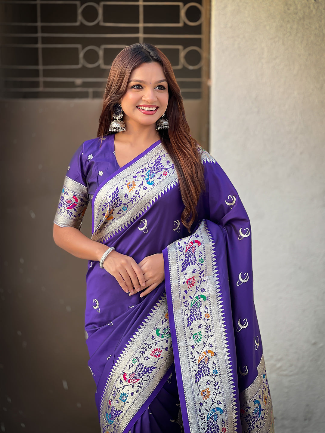 Violet Chandrakor Paithani Silk Banarasi Zari Woven Saree