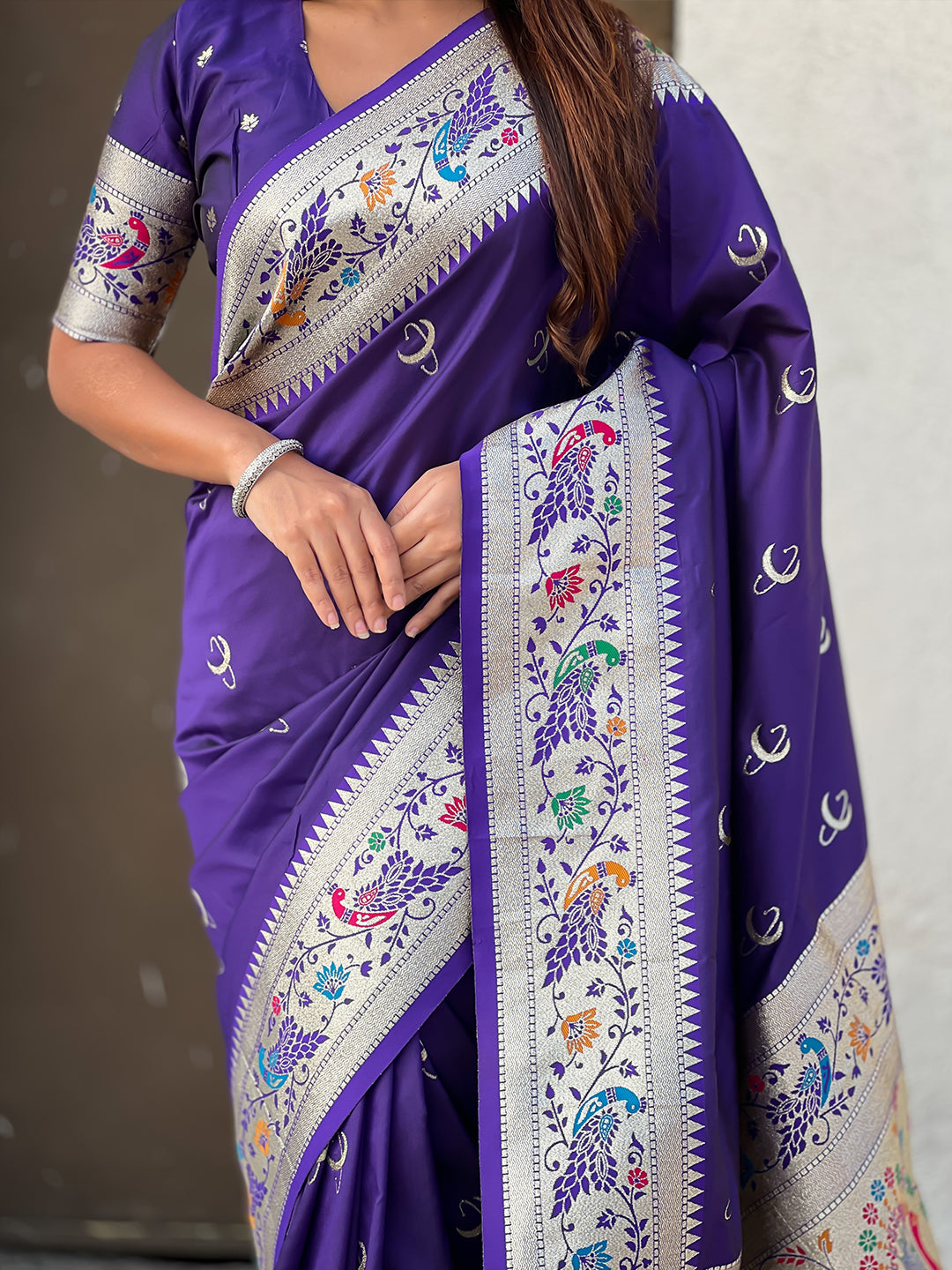 Violet Chandrakor Paithani Silk Banarasi Zari Woven Saree