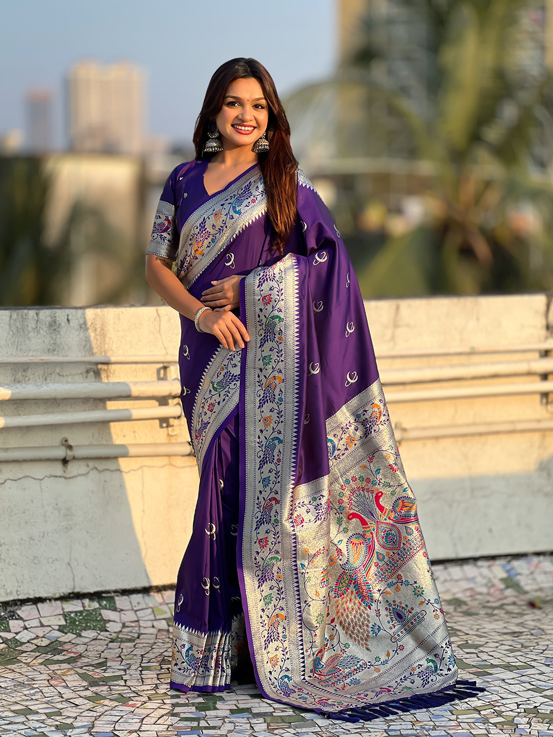 Violet Chandrakor Paithani Silk Banarasi Zari Woven Saree