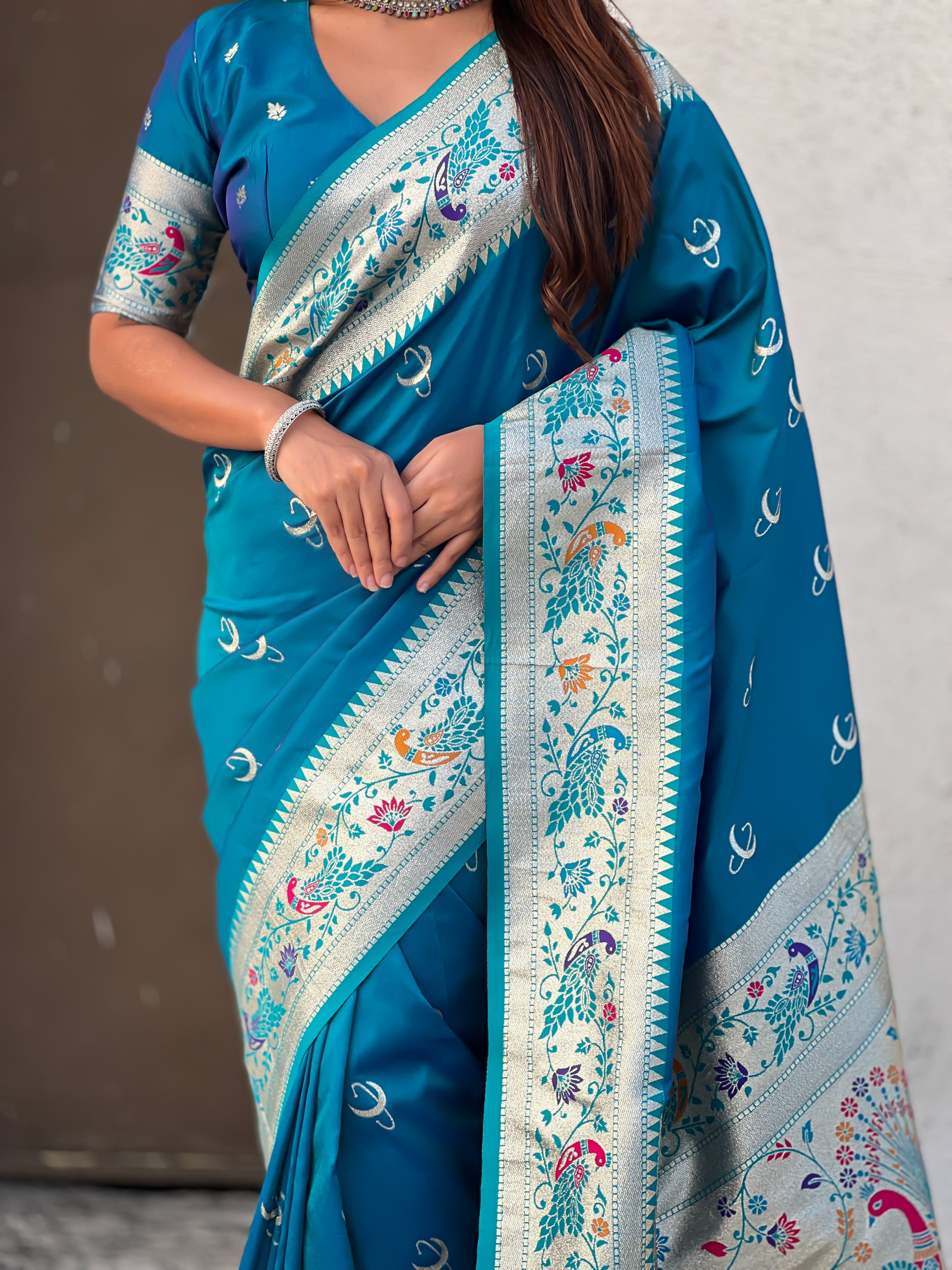 Rama Blue Chandrakor Paithani Silk Banarasi Zari Woven Saree
