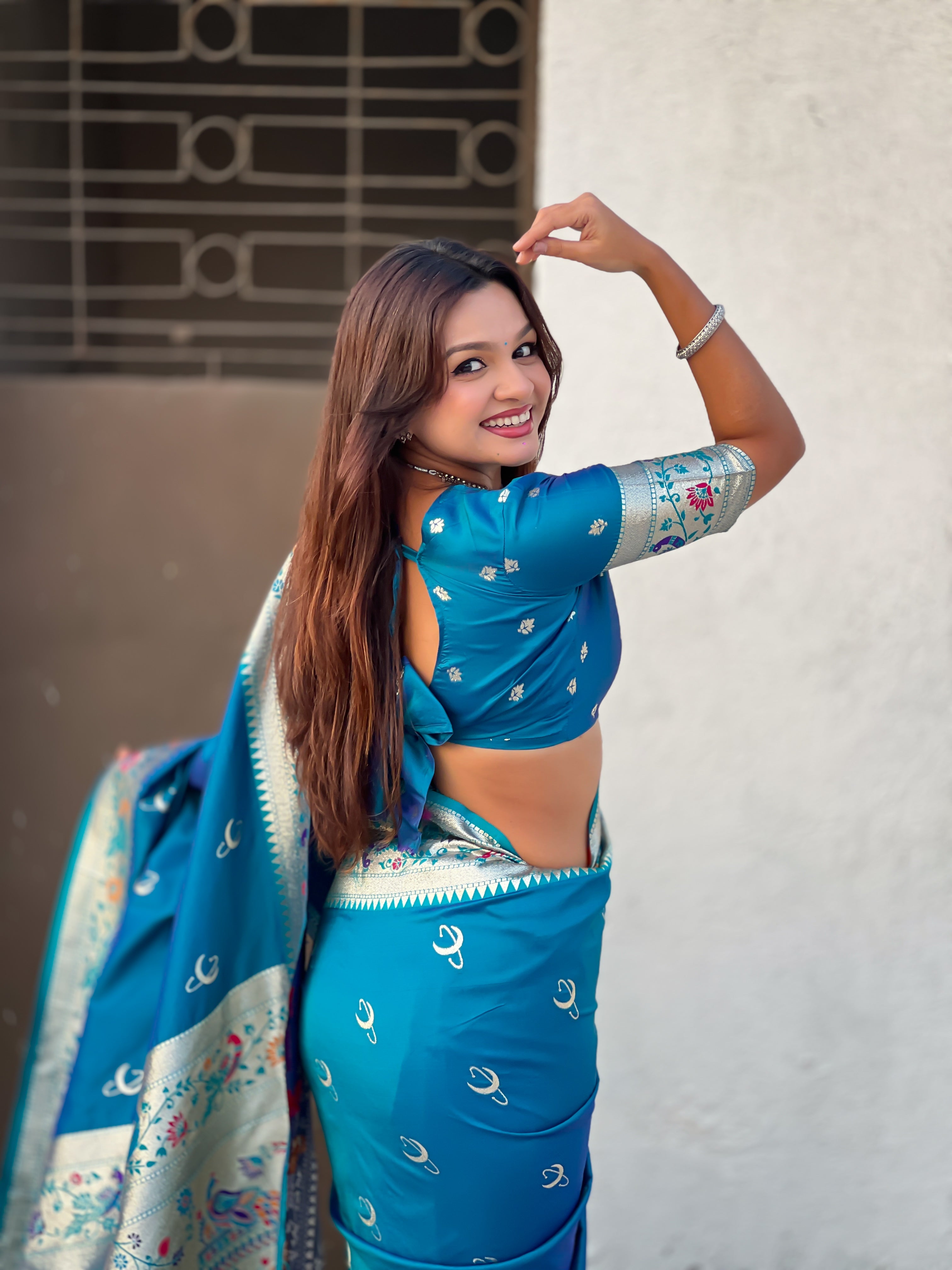 Rama Blue Chandrakor Paithani Silk Banarasi Zari Woven Saree