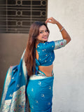 Rama Blue Chandrakor Paithani Silk Banarasi Zari Woven Saree
