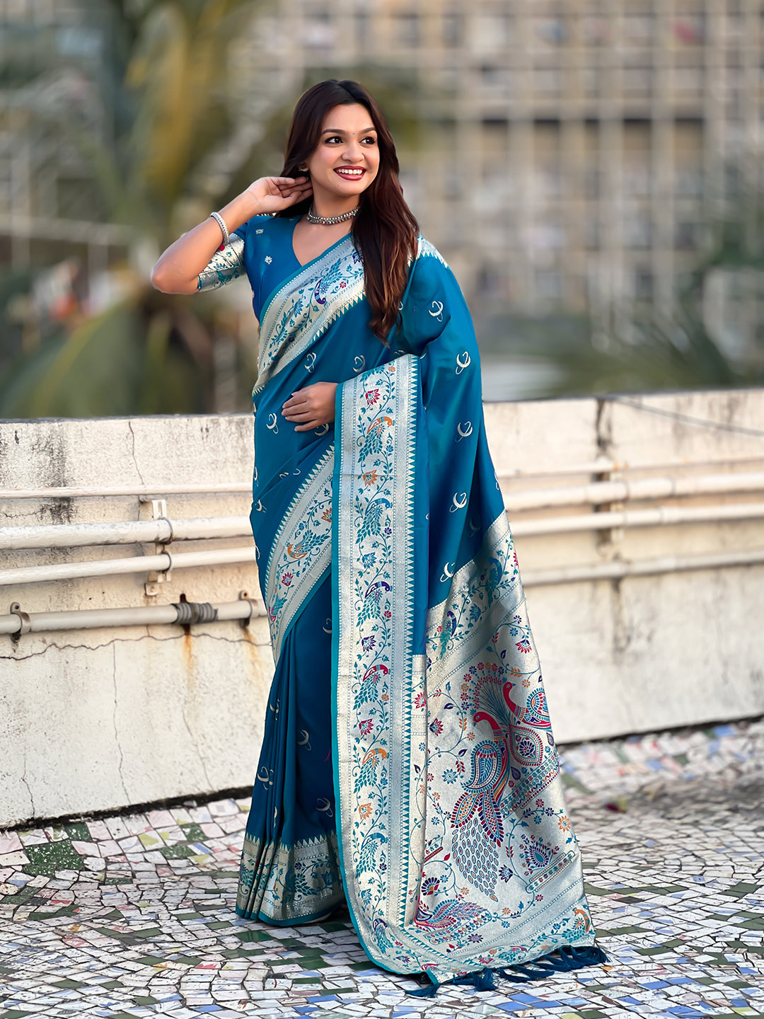 Rama Blue Chandrakor Paithani Silk Banarasi Zari Woven Saree