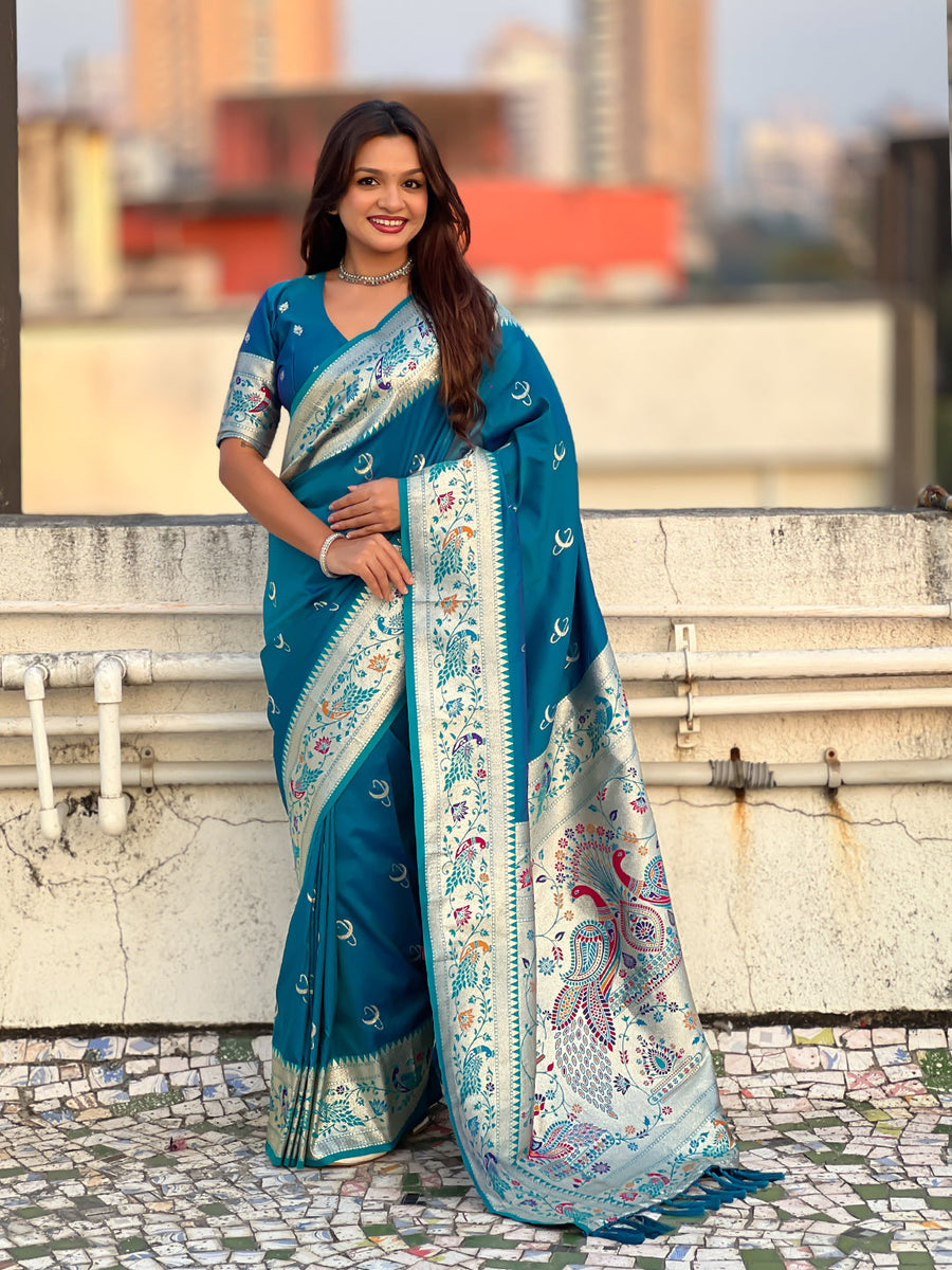 Rama Blue Chandrakor Paithani Silk Banarasi Zari Woven Saree