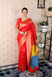 Red Soft Silk Banarasi Multicolor Pallu Zari Woven Saree