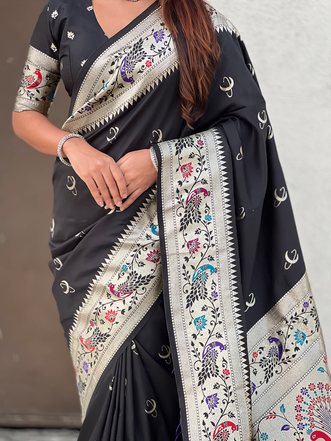 Black Chandrakor Paithani Silk Banarasi Zari Woven Saree