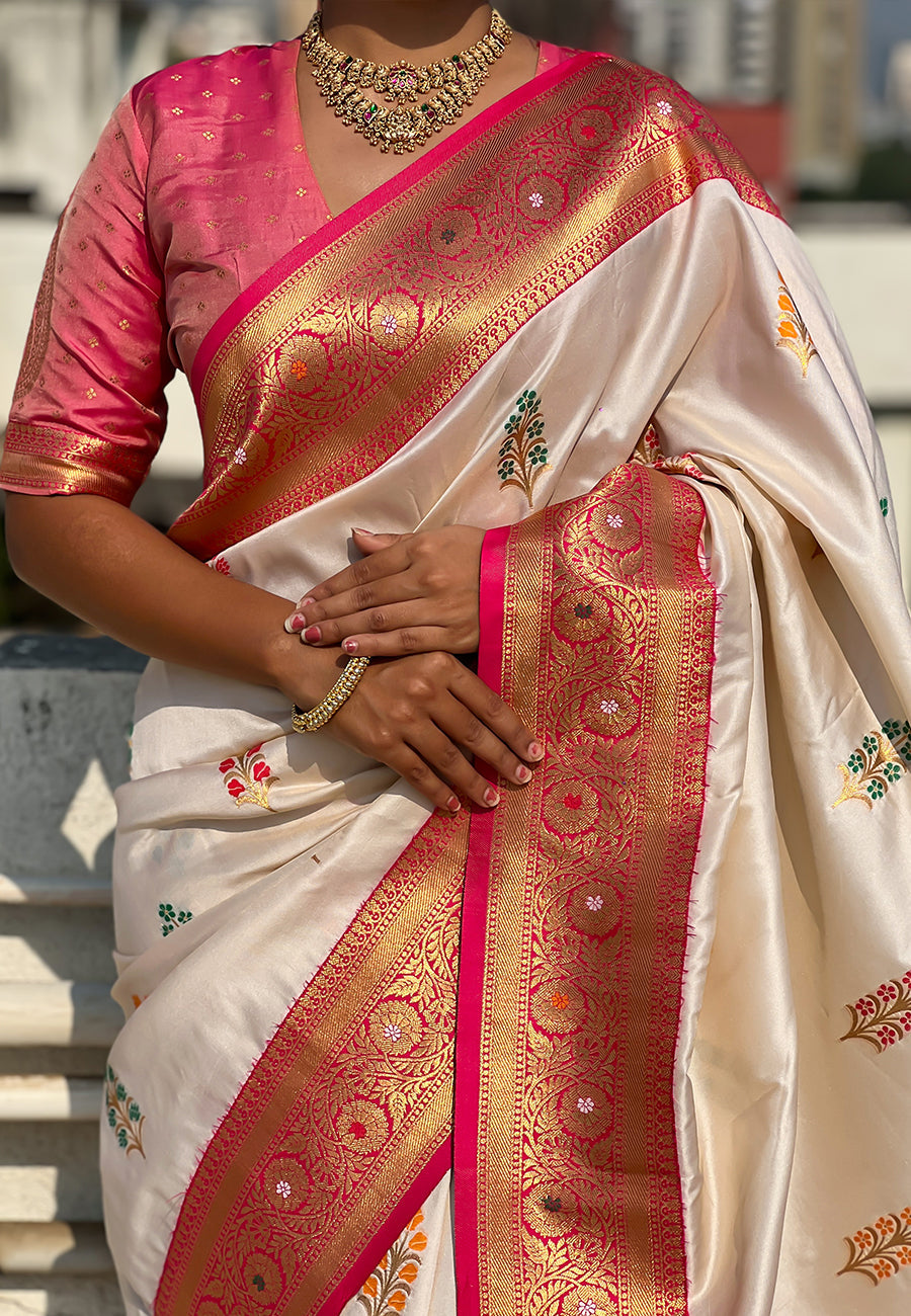 Cream Soft Silk Saree with Flower Butta Meenakari Zari Woven Saree