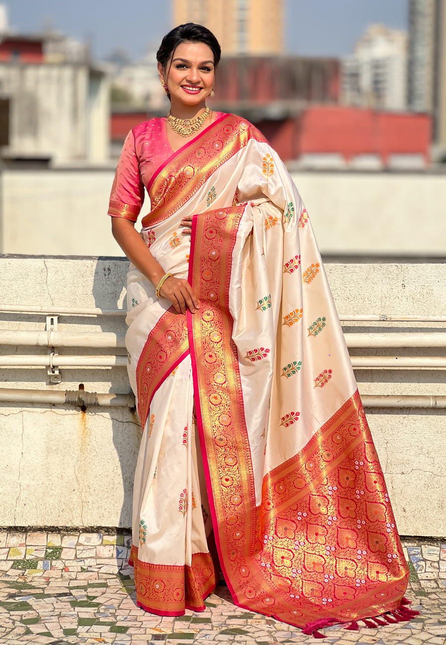 Cream Soft Silk Saree with Flower Butta Meenakari Zari Woven Saree