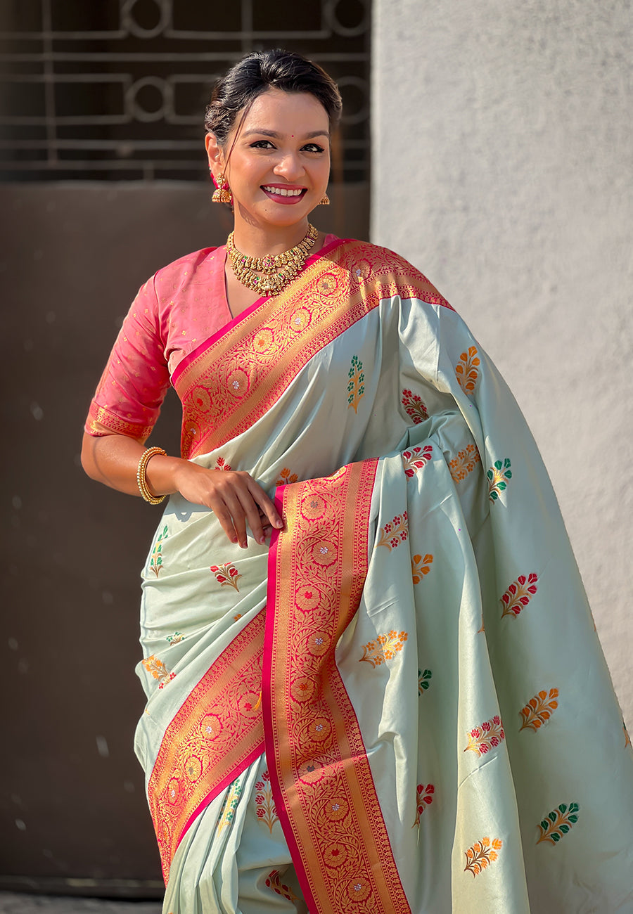 Sky Blue Soft Silk Saree with Flower Butta Meenakari Zari Woven Saree