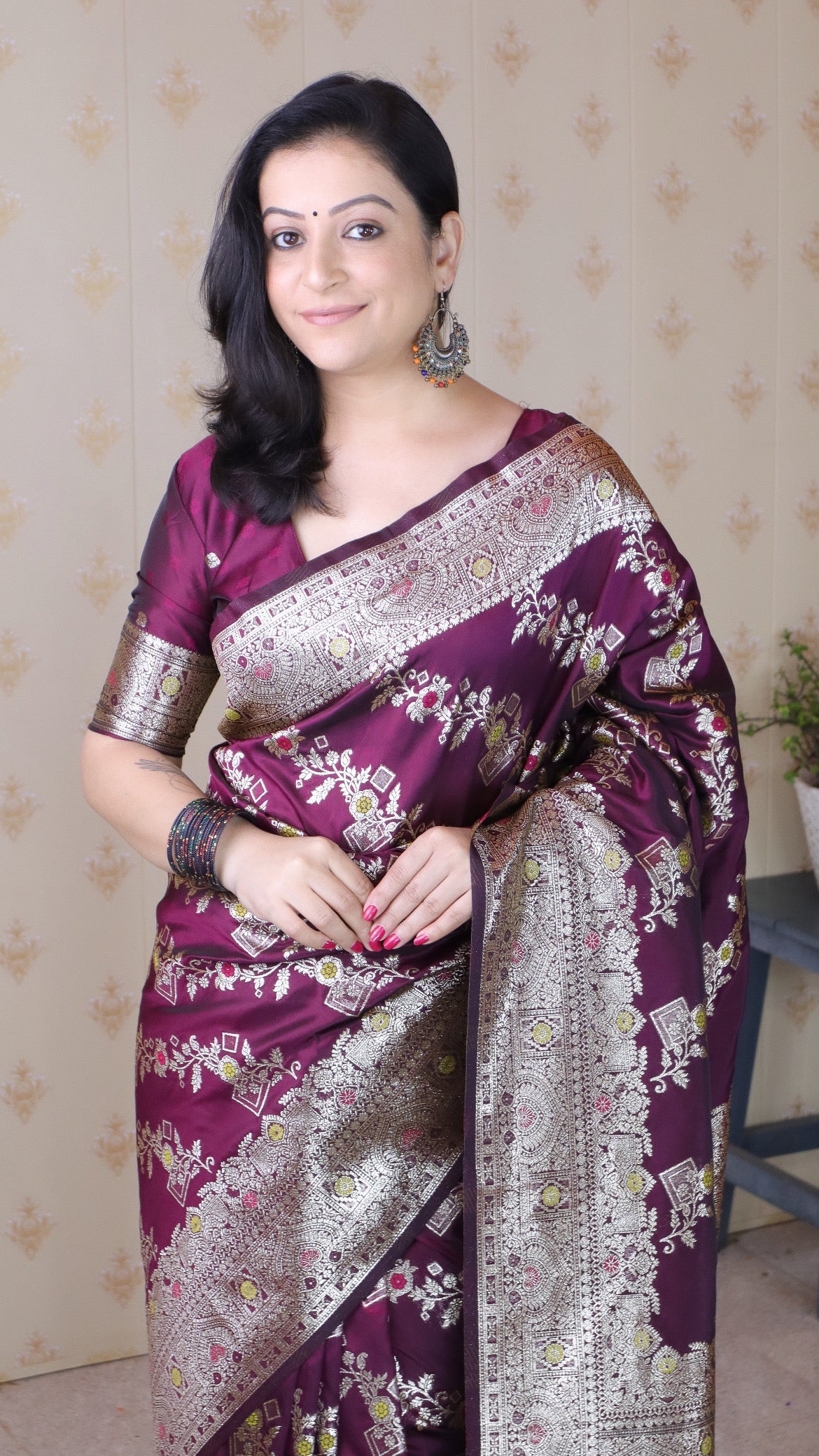 Wine Soft Silk Banarasi Jaal Meenakari Zari Woven Saree
