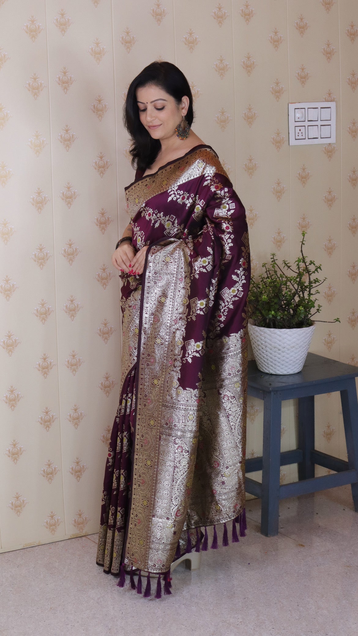 Wine Soft Silk Banarasi Jaal Meenakari Zari Woven Saree