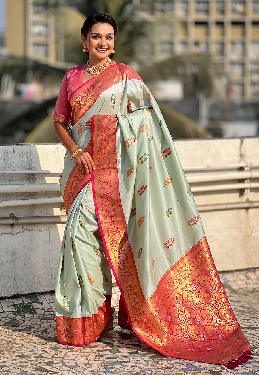 Sky Blue Soft Silk Saree with Flower Butta Meenakari Zari Woven Saree