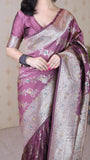 Coral Pink Soft Silk Banarasi Jaal Meenakari Zari Woven Saree