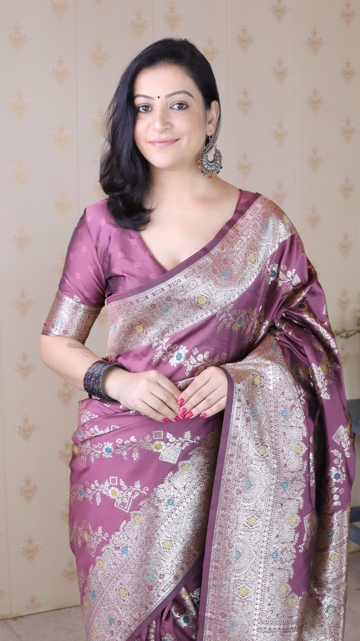 Coral Pink Soft Silk Banarasi Jaal Meenakari Zari Woven Saree