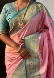 Baby Pink Soft Silk Saree with Flower Butta Meenakari Zari Woven Saree