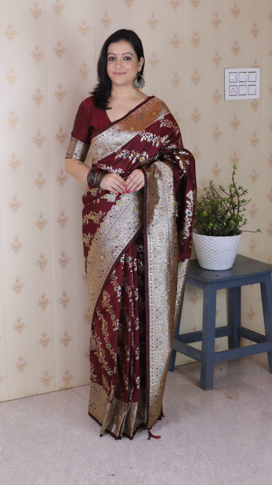 Maroon Soft Silk Banarasi Jaal Meenakari Zari Woven Saree