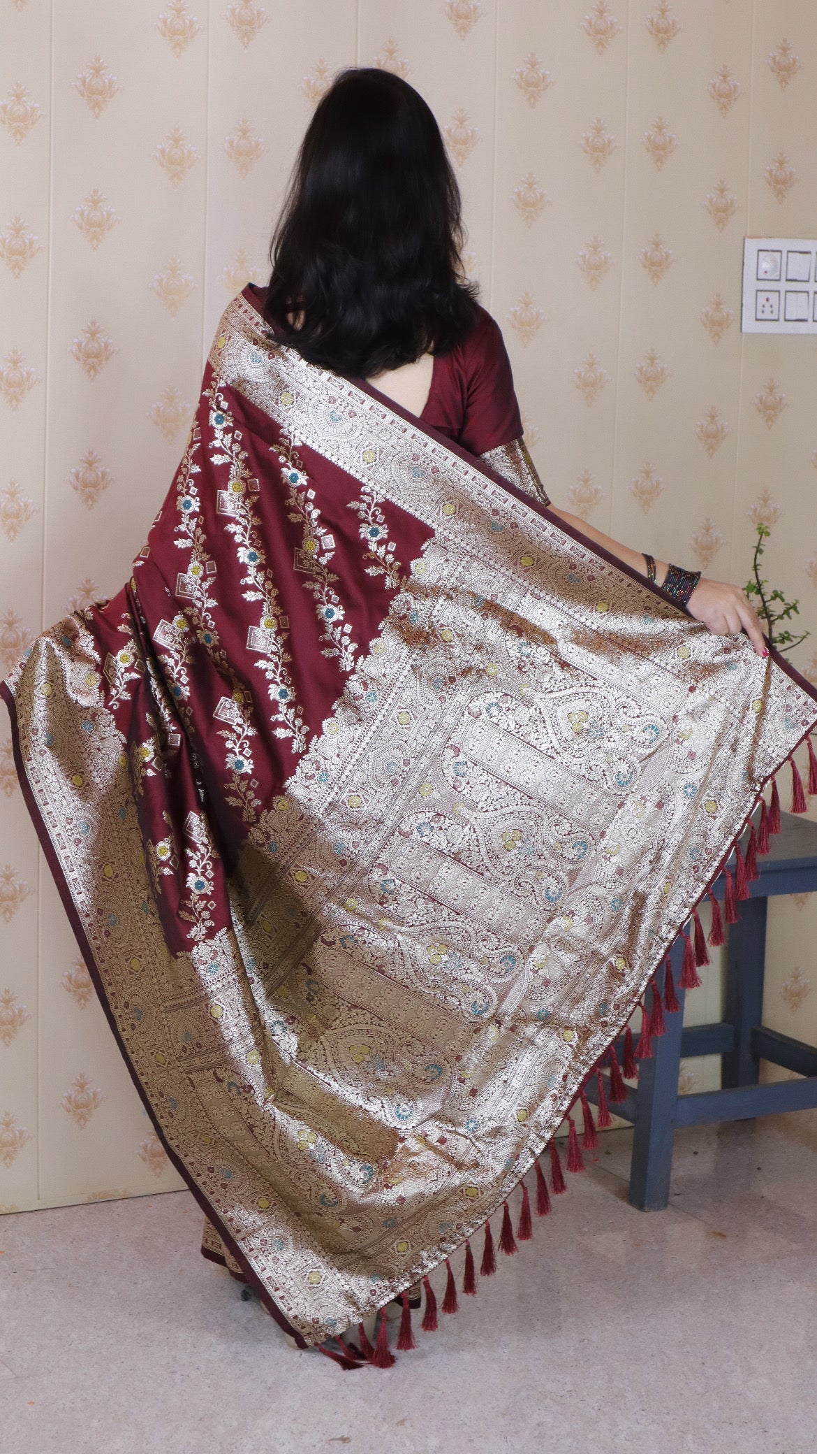 Maroon Soft Silk Banarasi Jaal Meenakari Zari Woven Saree