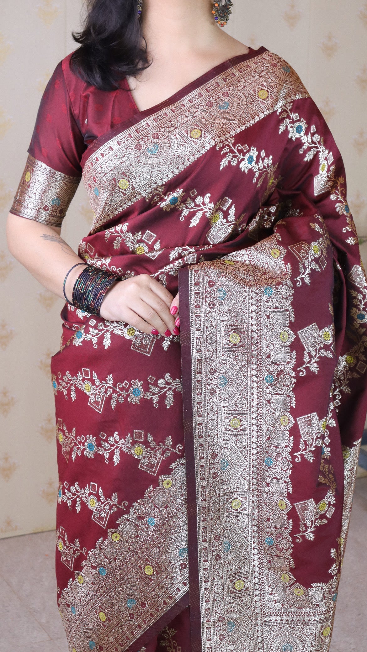 Maroon Soft Silk Banarasi Jaal Meenakari Zari Woven Saree