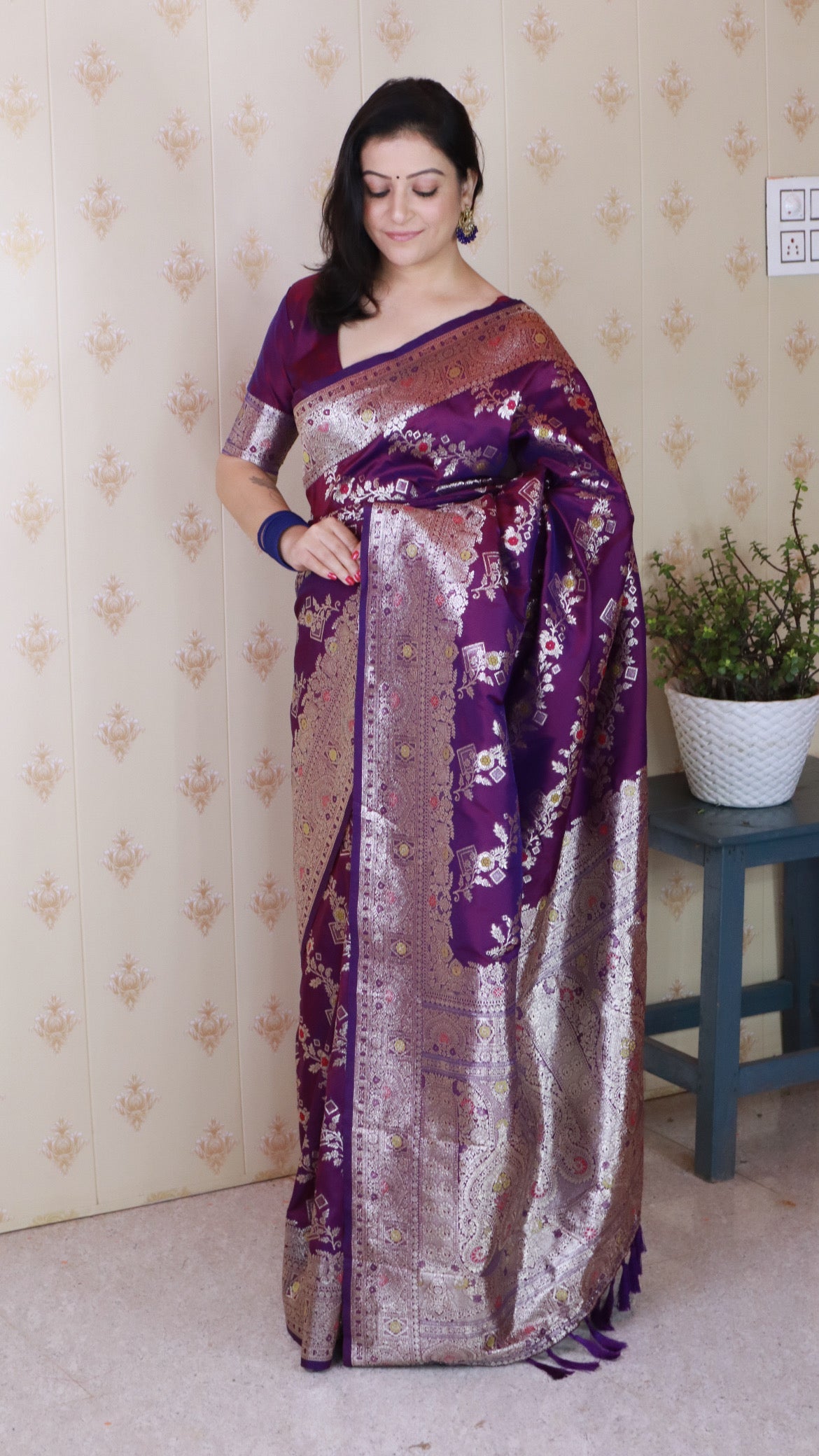 Purple Soft Silk Banarasi Jaal Meenakari Zari Woven Saree
