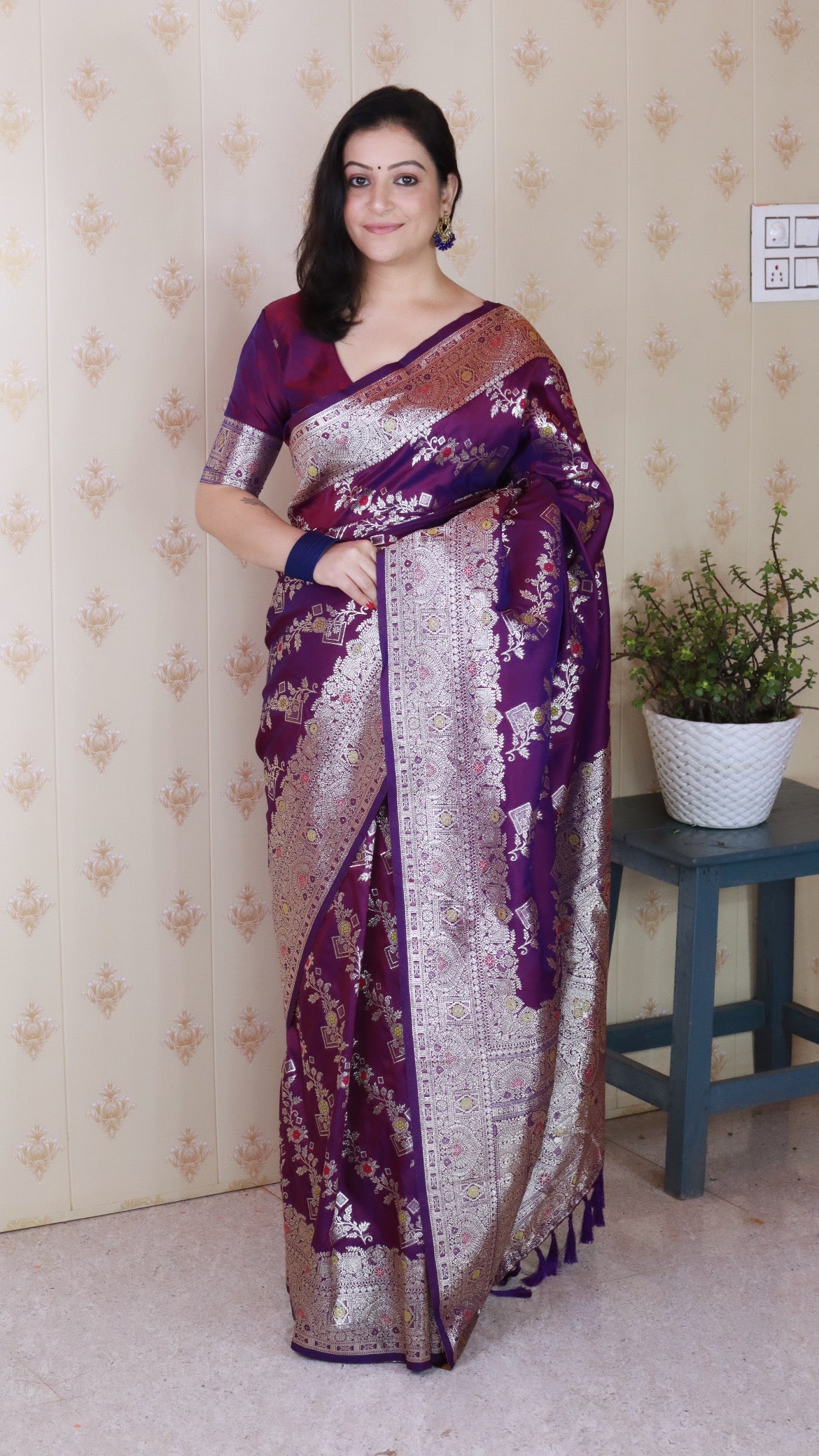 Purple Soft Silk Banarasi Jaal Meenakari Zari Woven Saree