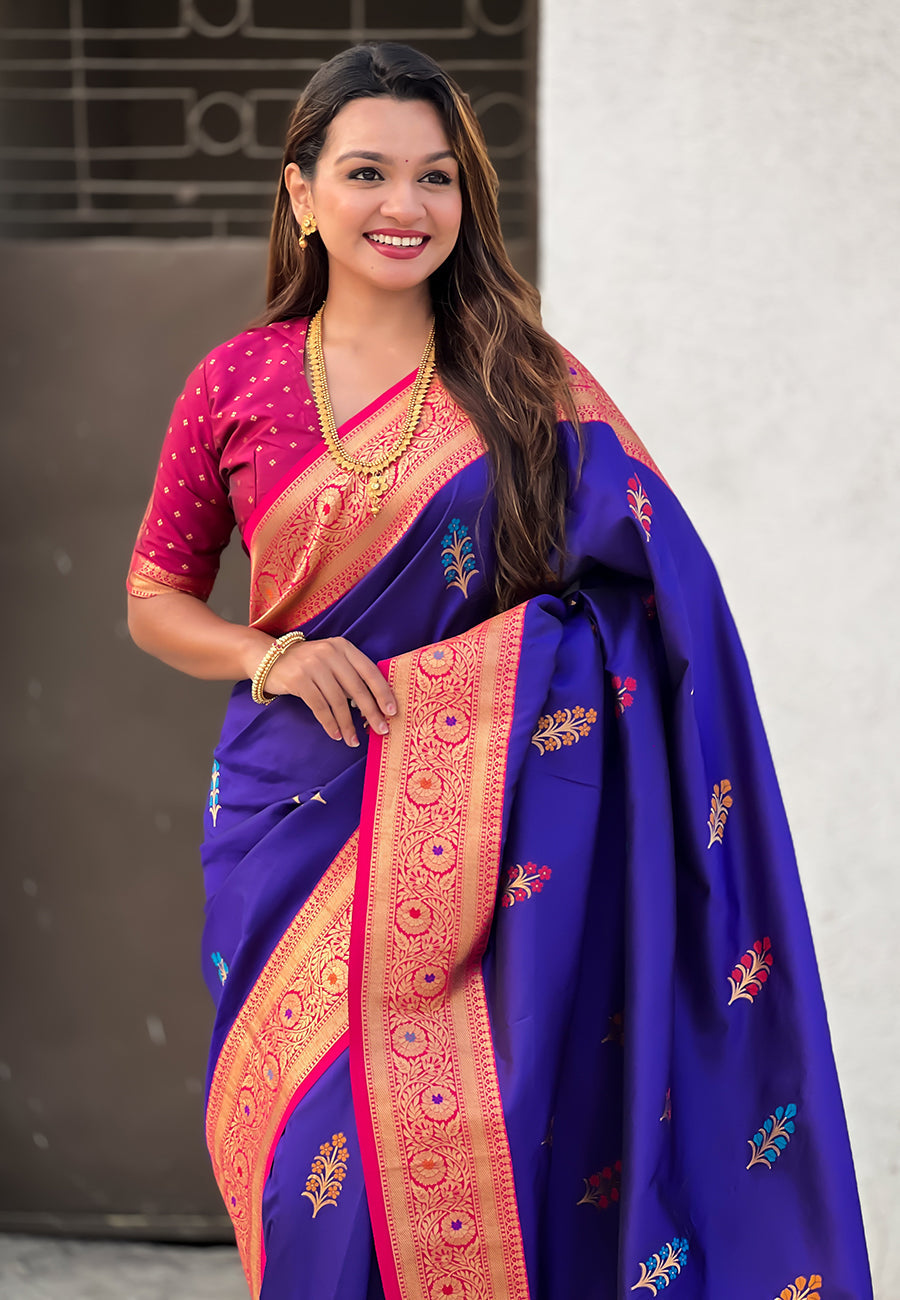 Violet Soft Silk Saree with Flower Butta Meenakari Zari Woven Saree