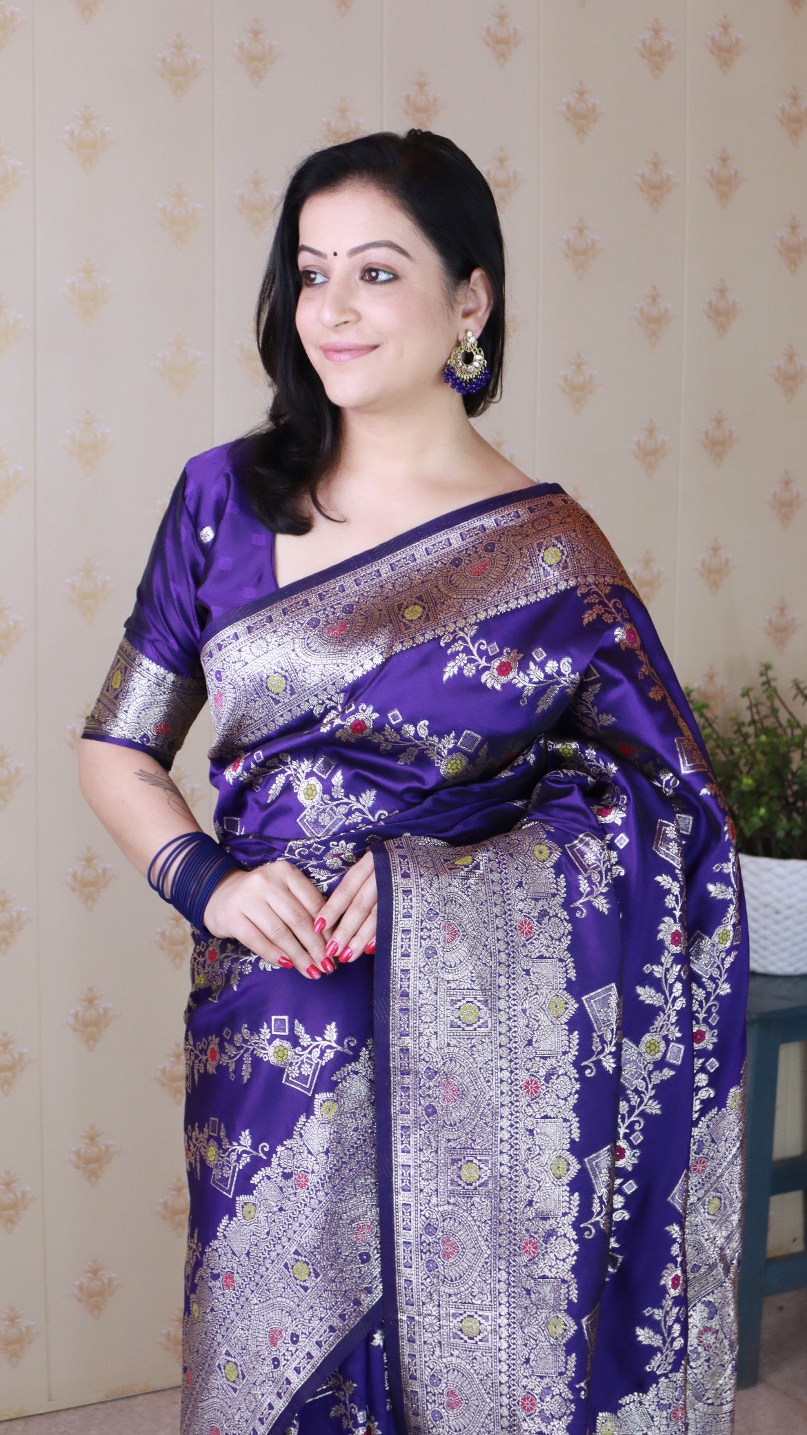 Violet Soft Silk Banarasi Jaal Meenakari Zari Woven Saree