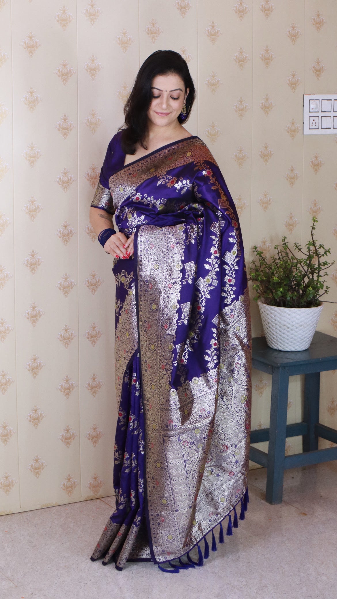 Violet Soft Silk Banarasi Jaal Meenakari Zari Woven Saree