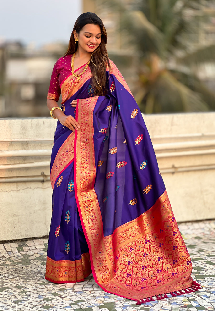 Violet Soft Silk Saree with Flower Butta Meenakari Zari Woven Saree