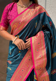 Denim Blue Soft Silk Saree with Flower Butta Meenakari Zari Woven Saree