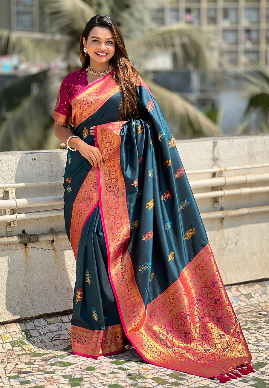 Denim Blue Soft Silk Saree with Flower Butta Meenakari Zari Woven Saree