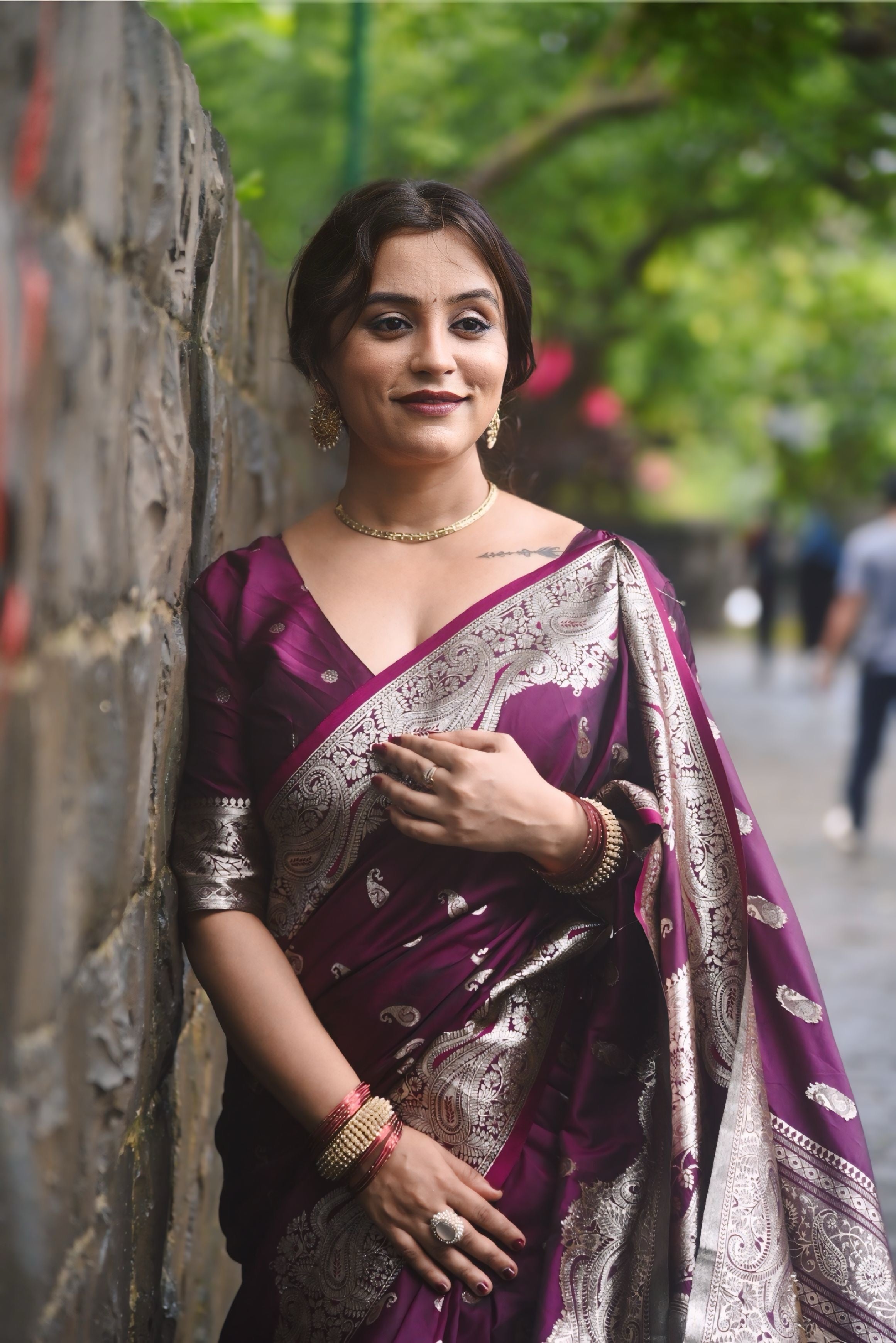 Kajal in our Wine Banarasi Soft Silk Silver Zari Woven Saree