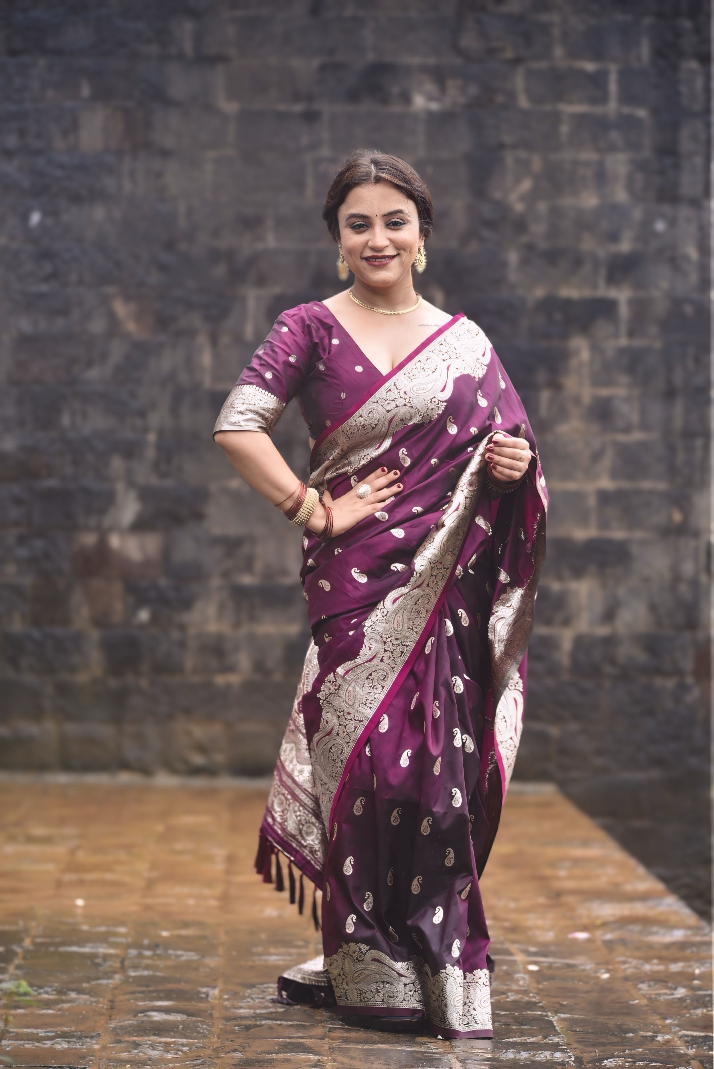 Kajal in our Wine Banarasi Soft Silk Silver Zari Woven Saree