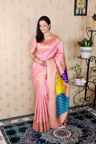 Baby Pink Soft Silk Banarasi Multicolor Pallu Zari Woven Saree