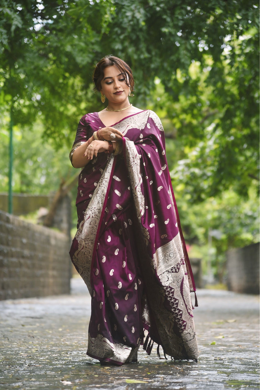 Kajal in our Wine Banarasi Soft Silk Silver Zari Woven Saree