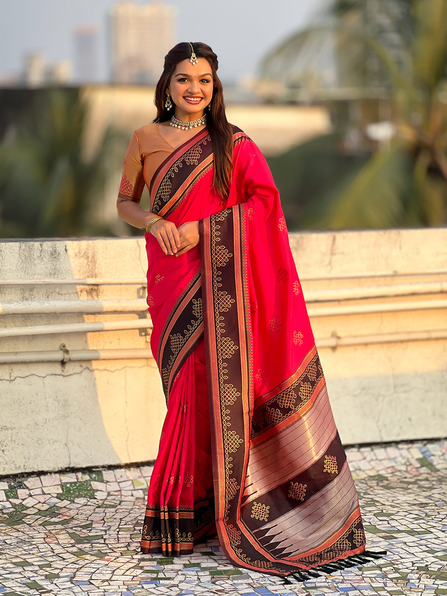 Pink Soft Silk Traditional Zari Contrast Woven Saree
