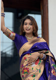 Sakshi in our Violet Paithani Silk Saree with Half Half Concept Big Border Zari Woven Saree