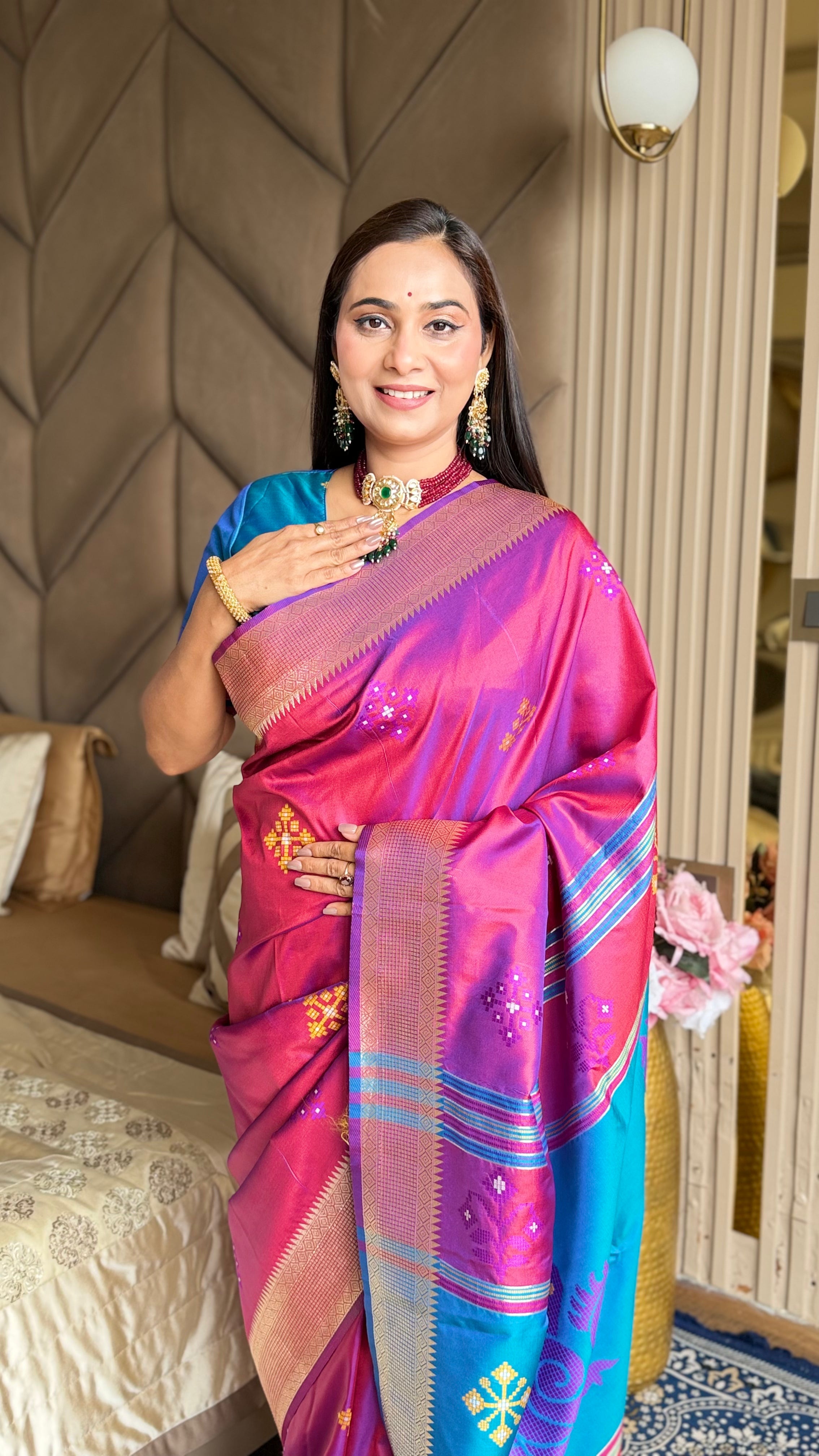 Wine Soft Silk Ikkat Patola Saree with Meenakari Motifs Peacock Pallu and Gold Zari Border
