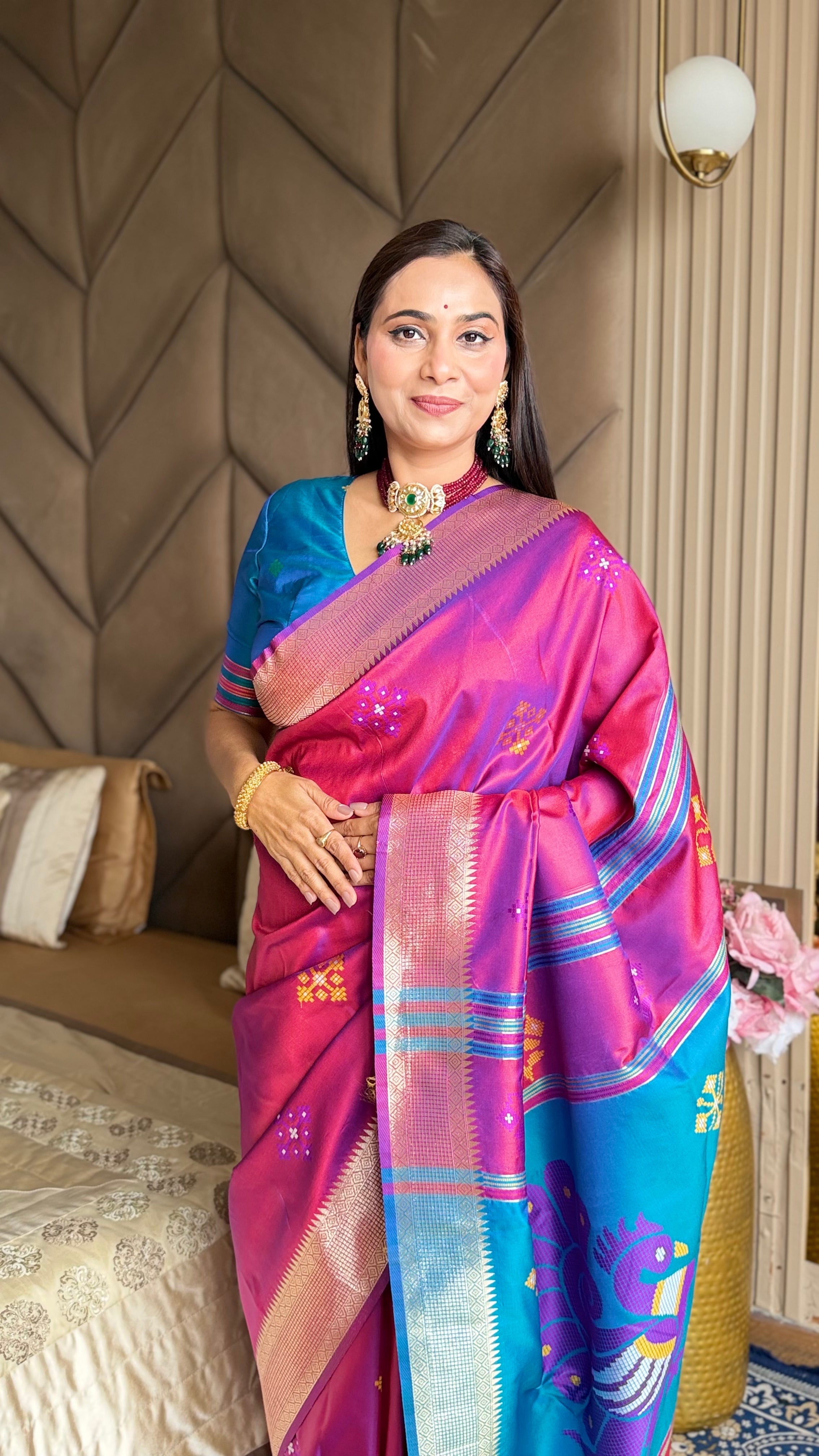 Wine Soft Silk Ikkat Patola Saree with Meenakari Motifs Peacock Pallu and Gold Zari Border