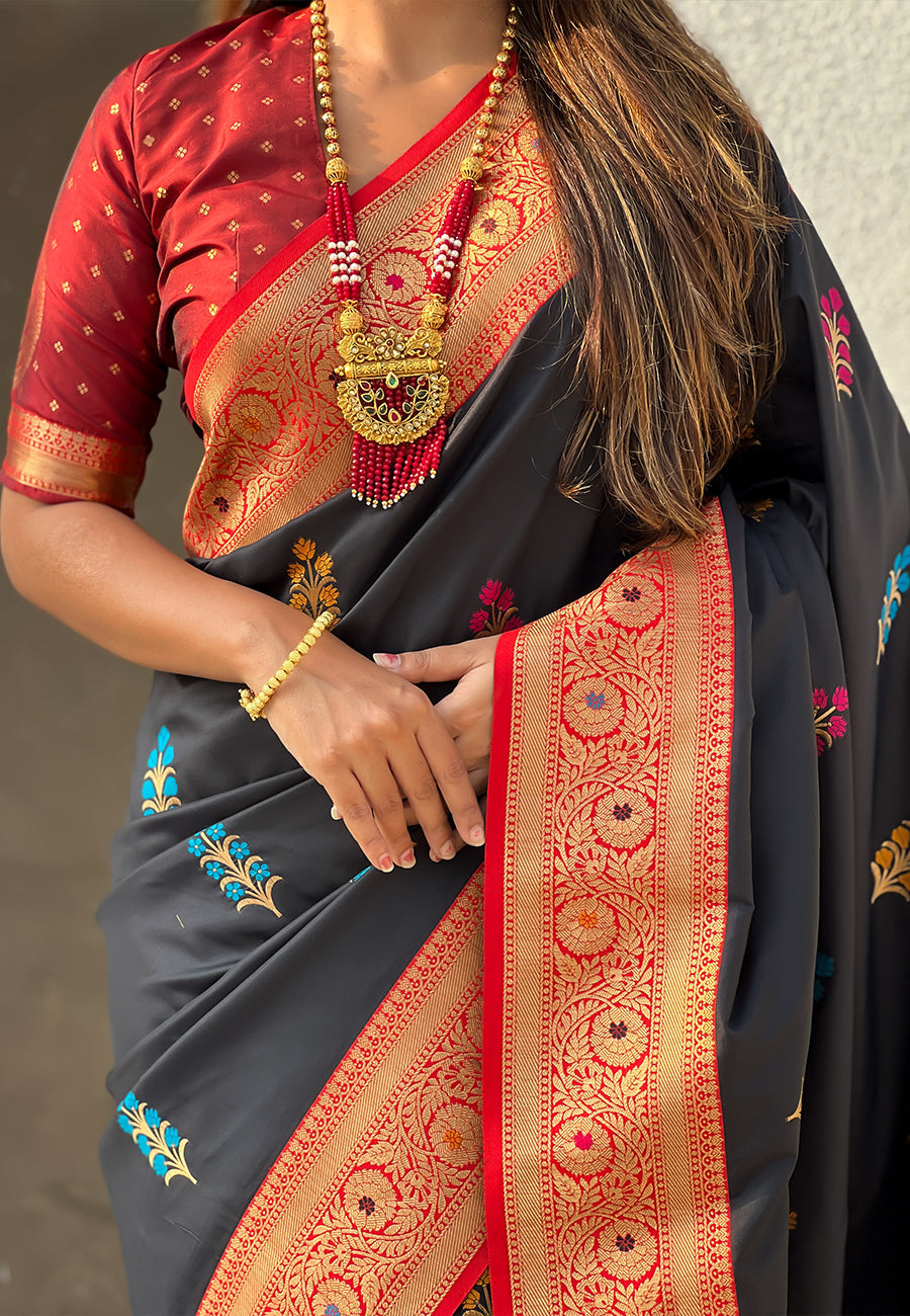 Black Soft Silk Saree with Flower Butta Meenakari Zari Woven Saree