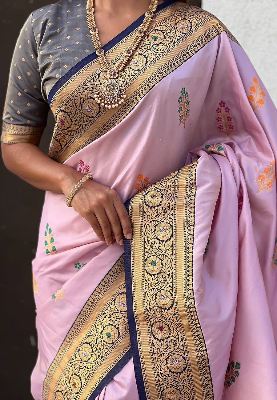 Lavender Soft Silk Saree with Flower Butta Meenakari Zari Woven Saree