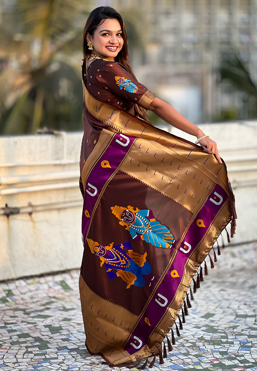 Coffee Zari Woven Vitthala God Special Traditional Paithani Silk Saree