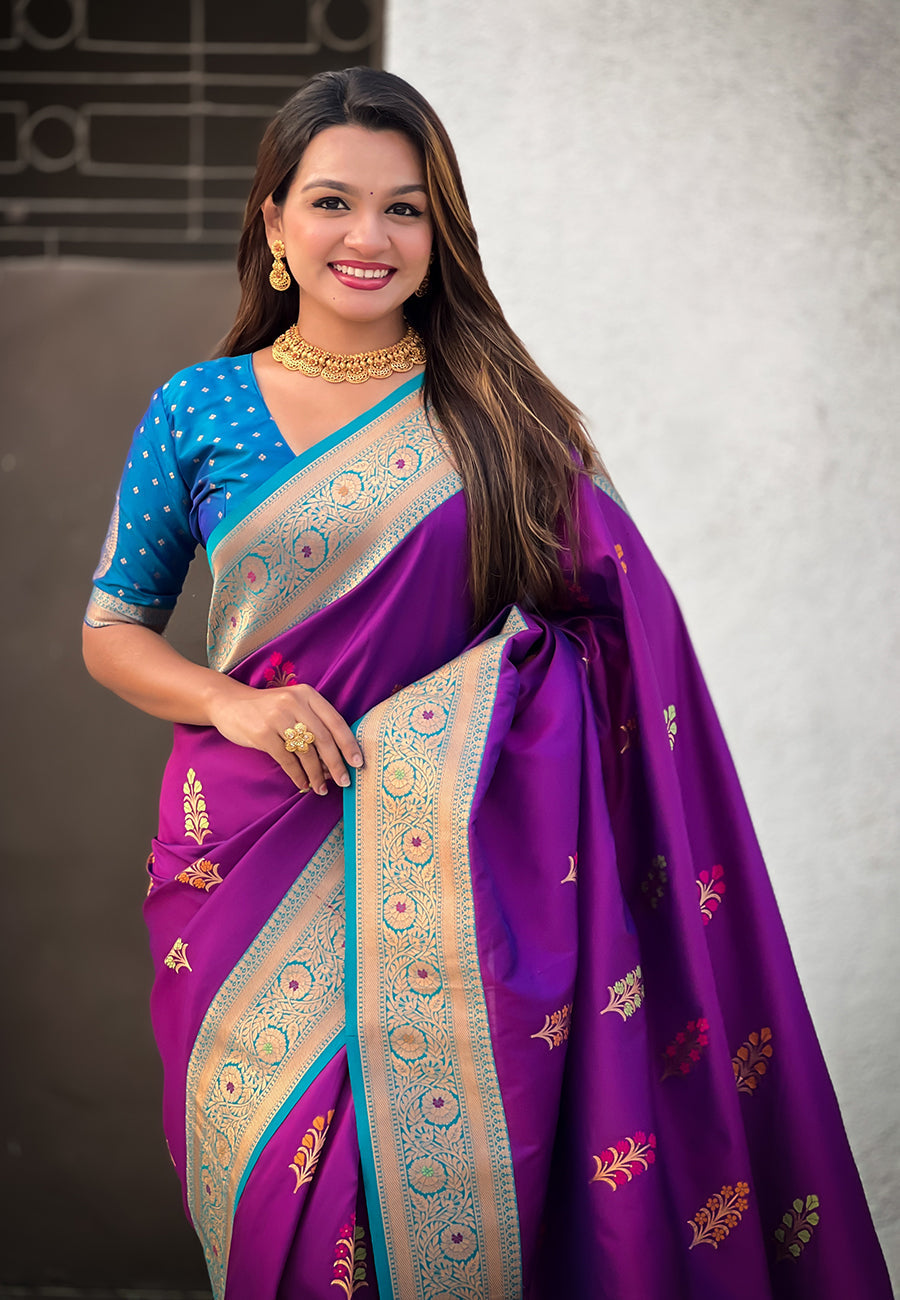 Wine Soft Silk Saree with Flower Butta Meenakari Zari Woven Saree