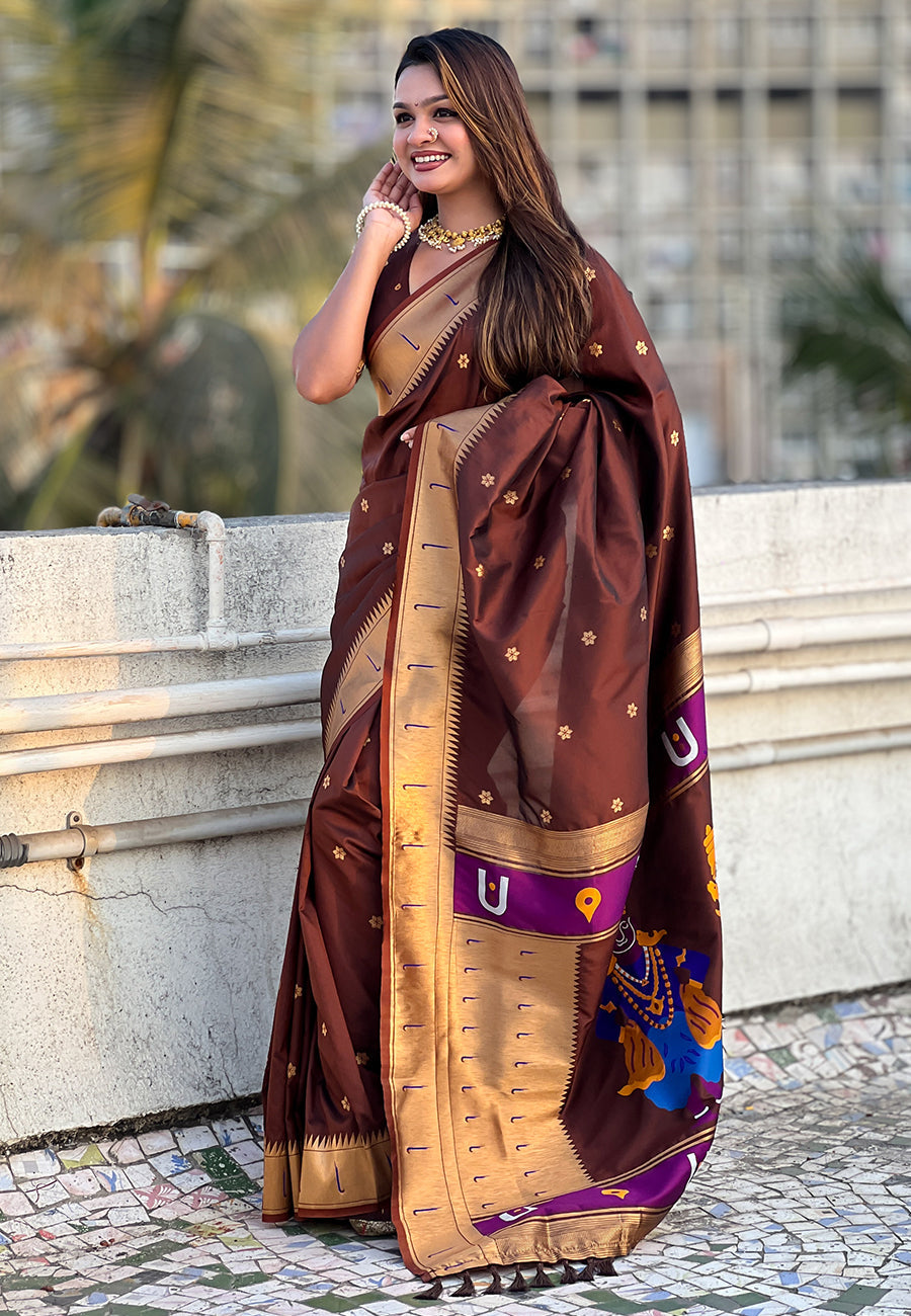 Coffee Zari Woven Vitthala God Special Traditional Paithani Silk Saree