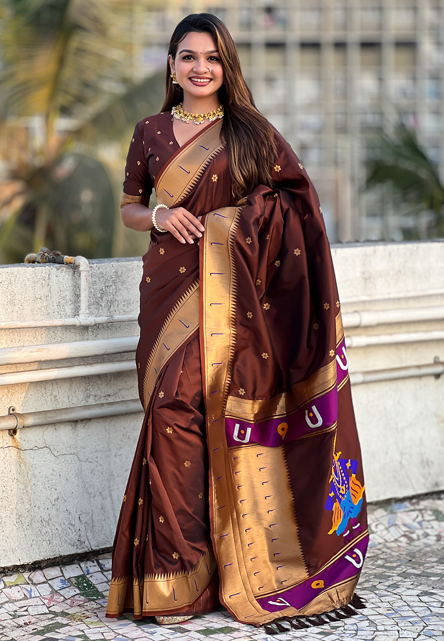 Coffee Zari Woven Vitthala God Special Traditional Paithani Silk Saree