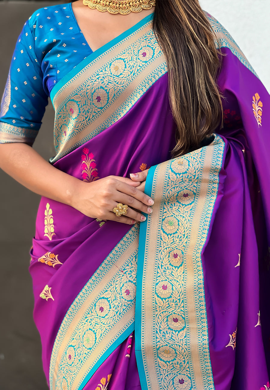 Wine Soft Silk Saree with Flower Butta Meenakari Zari Woven Saree