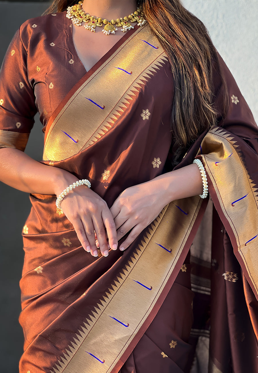 Coffee Zari Woven Vitthala God Special Traditional Paithani Silk Saree