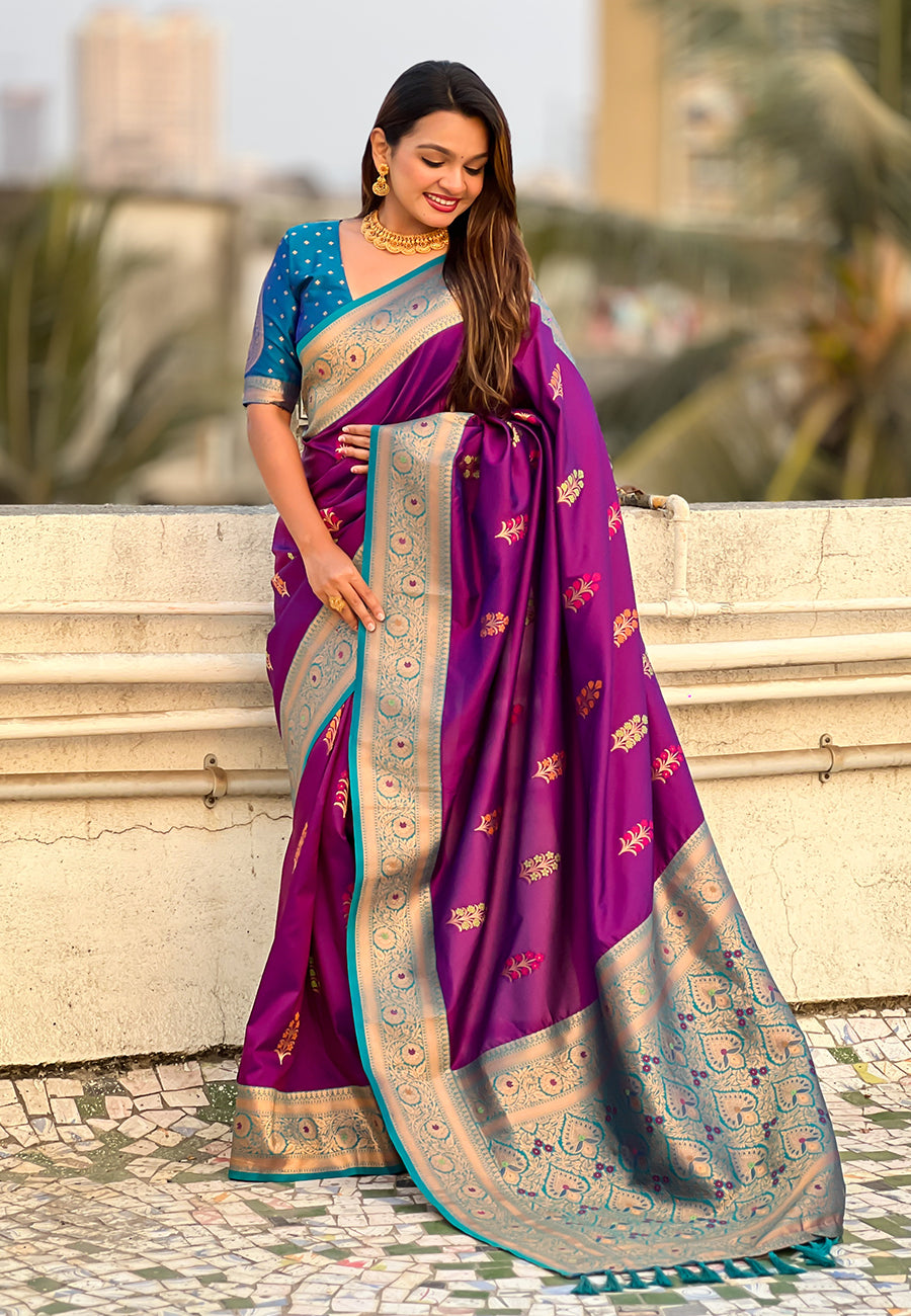Wine Soft Silk Saree with Flower Butta Meenakari Zari Woven Saree