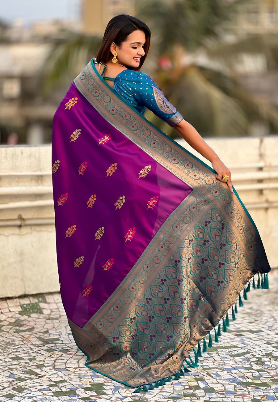 Wine Soft Silk Saree with Flower Butta Meenakari Zari Woven Saree